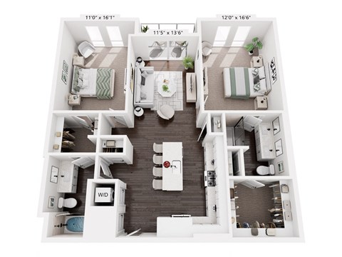 A floor plan of a two-bedroom apartment with a living room, kitchen, and bathroom.